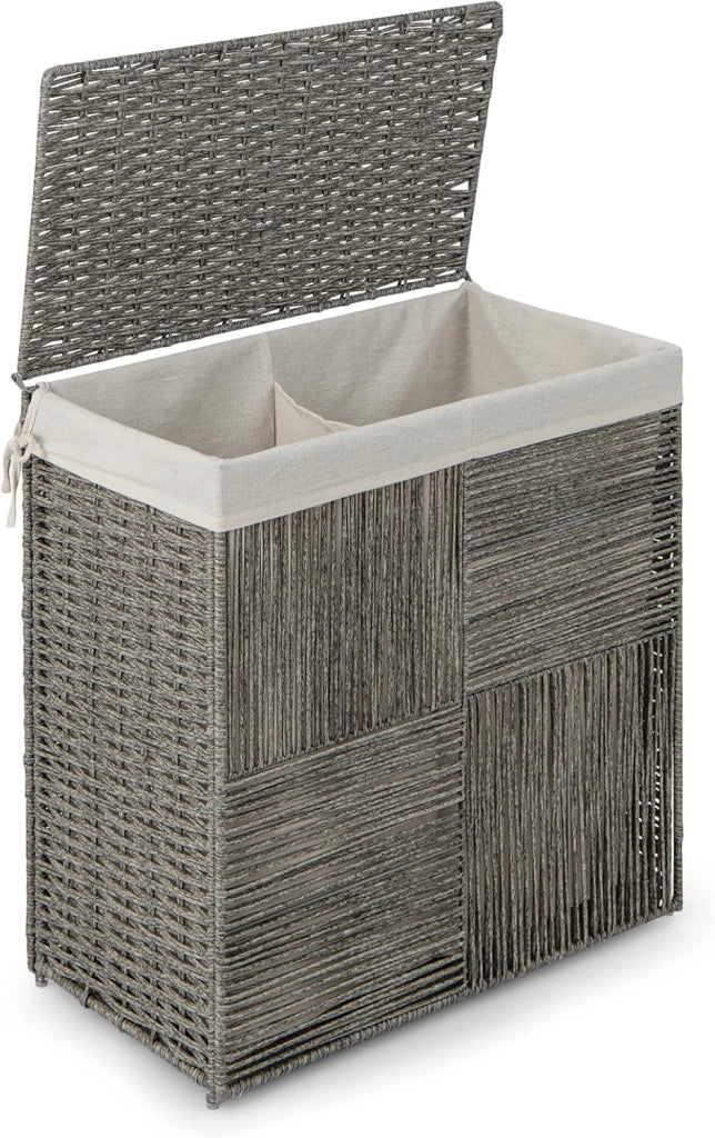 Cesto portabiancheria con coperchio, 110 l, in rattan con tasca interna in 2 parti, design pieghevole e pratici manici, cestino per vestiti in tessuto a mano, per lavanderia e bagno, grigio