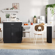 Isola cucina con tavolo estraibile 211x55x89;5 cm in MDF nero con prese USB; cassetti e ripiani