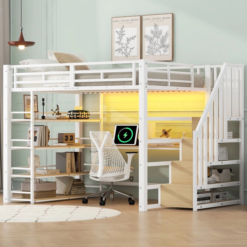 Letto a Soppalco con Scrivania, Cassetti, LED e USB ¨C MINIMAL ¨C Metallo Bianco 140x200