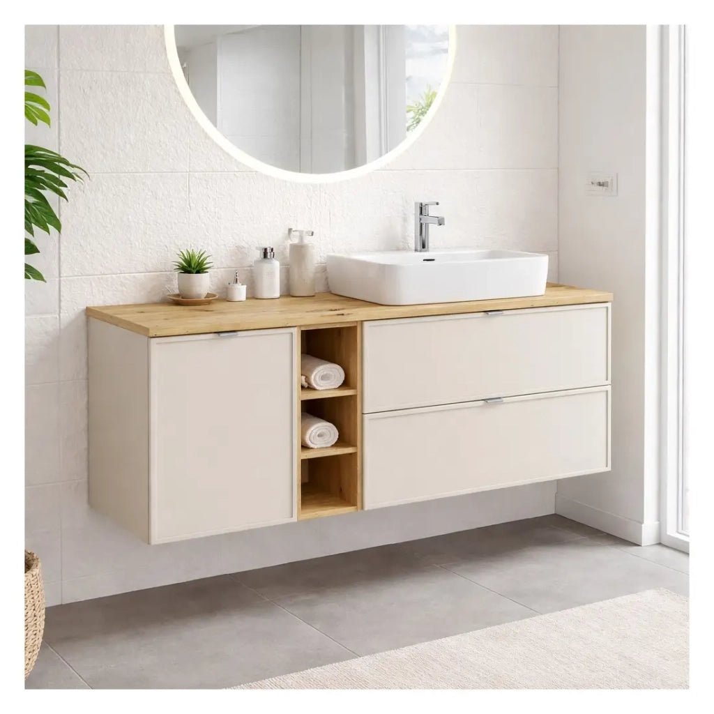 Insieme BRAZZA: mobili sottolavabo con cassetti 140cm con cesto della biancheria e nicchie visibili + top per lavabo + lavabo da appoggio