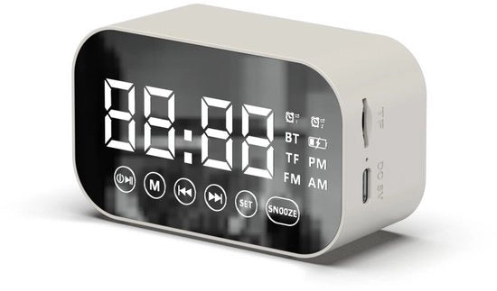 Altoparlante Bluetooth - con display LED specchio, radio, previsioni del tempo - due allarmi acuti - adatto per sonnambuli - bianco rotto