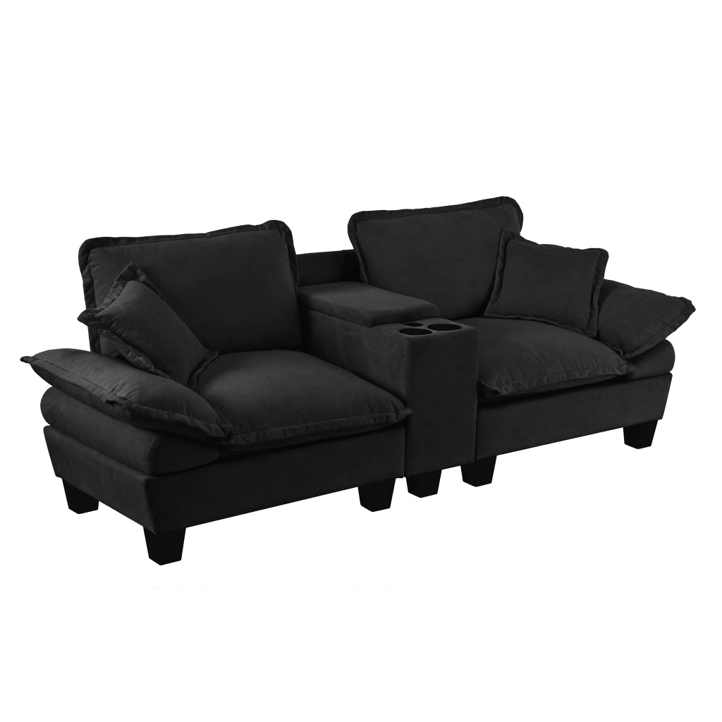 Divano modulare con USB; contenitore e portabicchieri - in chenille - nero - 224 × 82 × 90 cm