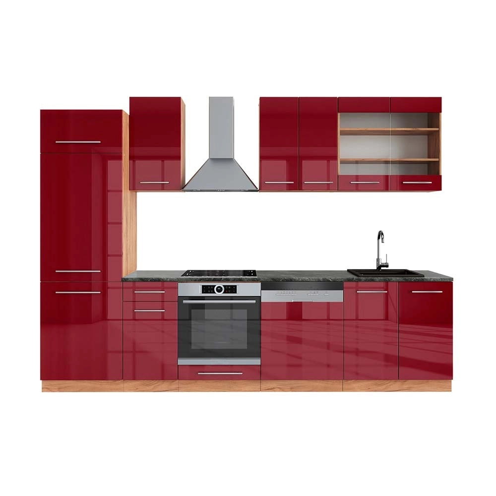 Cucina componibile Fame-Line Bordeaux lucido/Rovere dorato 300 cm, PL Antracite Vicco