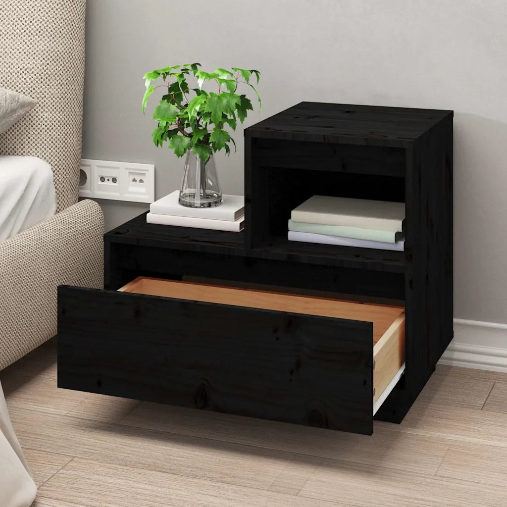 Set di 2 Comodini | Armadio da Notte | Mobiletto da notte Neri 60x34x51 cm in Legno Massello di Pino