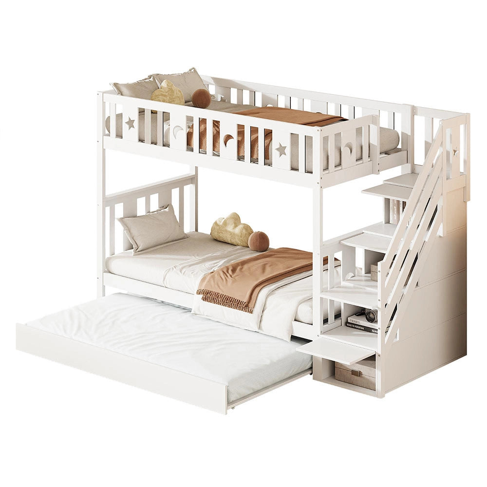 Letto a castello estraibile - Xylo - 90x190cm bianco, scala con ripiani