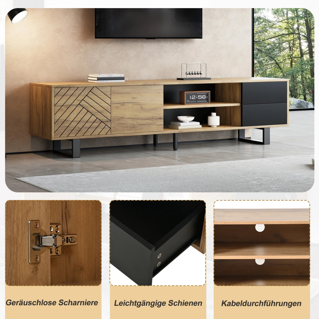 Mobile porta TV con 2 ante 2 cassetti e vani aperti per soggiorno in truciolare e metallo nero 180 × 40 × 50 cm
