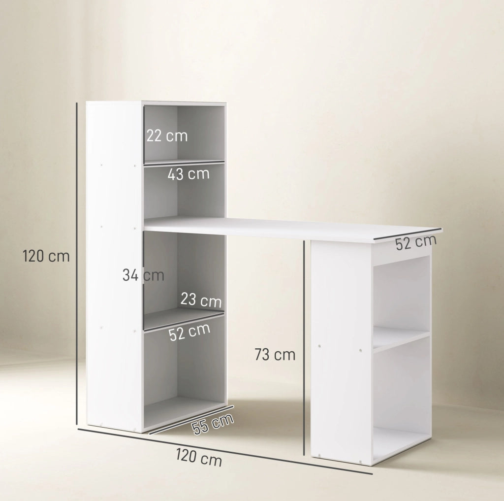 Scrivania bianca 120x55 cm con scaffale e 4 ripiani