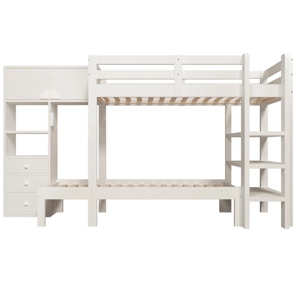 Letto a Castello 90x200 cm con LED; Armadio; Ripiani e Cassetti in Metallo e Legno Bianco