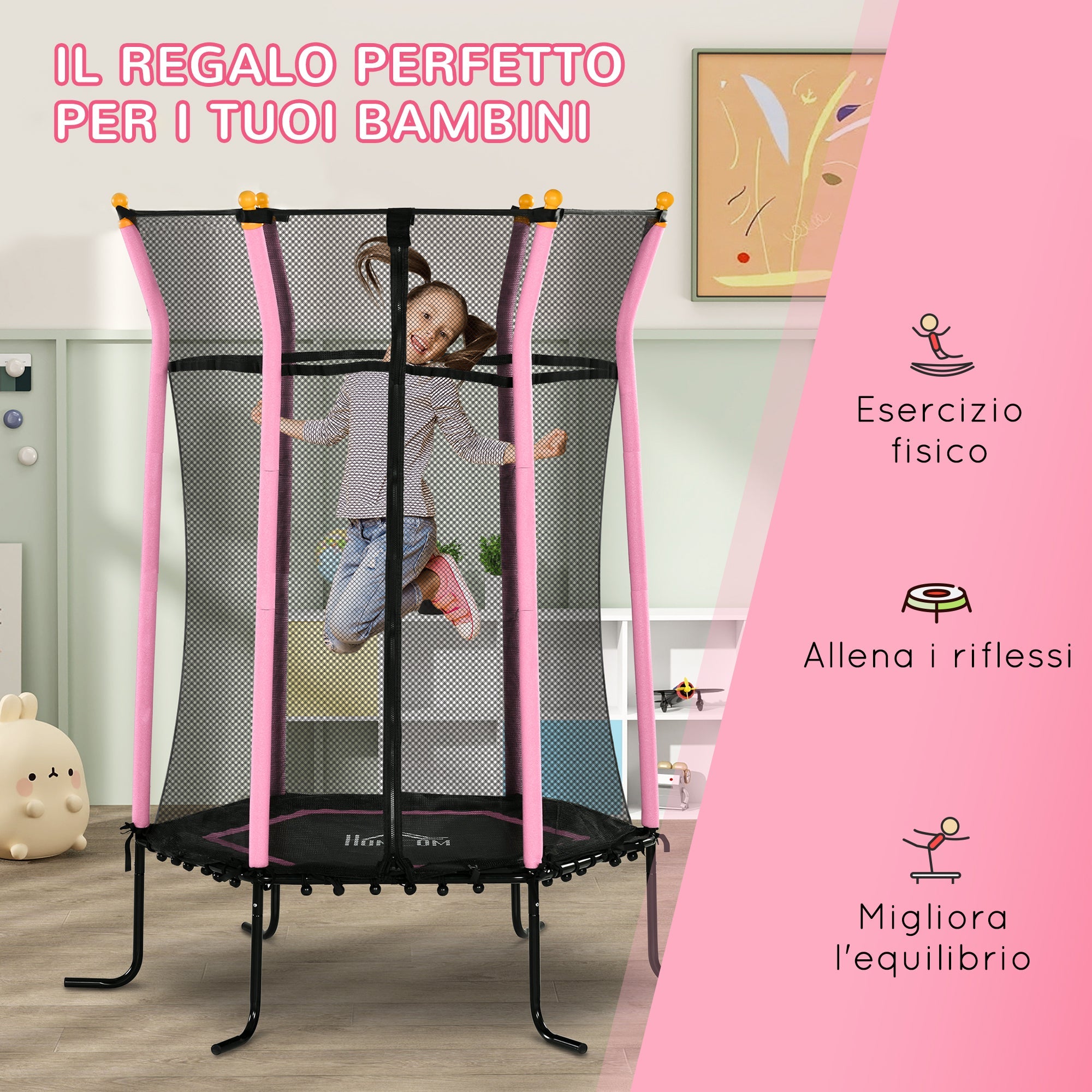 Trampolino Tappeto Elastico per Bambini con Ingresso a Cerniera e Pali Imbottiti Ø163.5x190 cm in Acciaio, PP e EPE Rosa