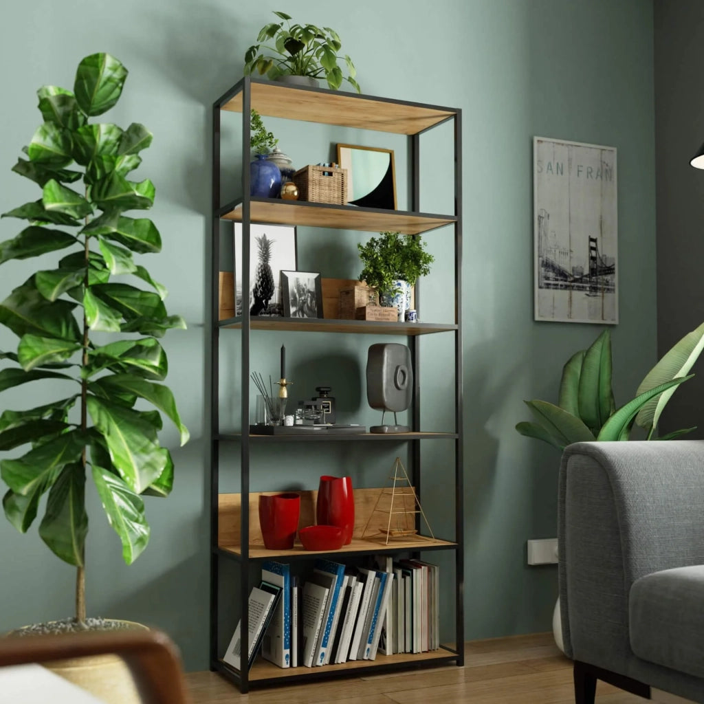 Scaffale stile industriale con ripiani in legno 80 cm Nera, Quercia Craft 80x32x192 cm