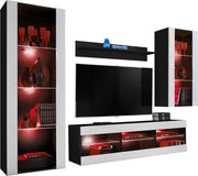 Set Di Mobili Porta TV Tivoli Medio, Komodee, Nero/Bianco, LED RGB, Larghezza 245 cm x Altezza 159 cm x Profondità 35 cm, Per soggiorno, Camera da letto