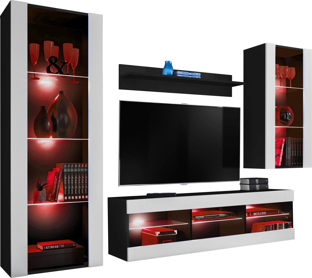 Set Di Mobili Porta TV Tivoli Medio, Komodee, Nero/Bianco, LED RGB, Larghezza 245 cm x Altezza 159 cm x Profondità 35 cm, Per soggiorno, Camera da letto
