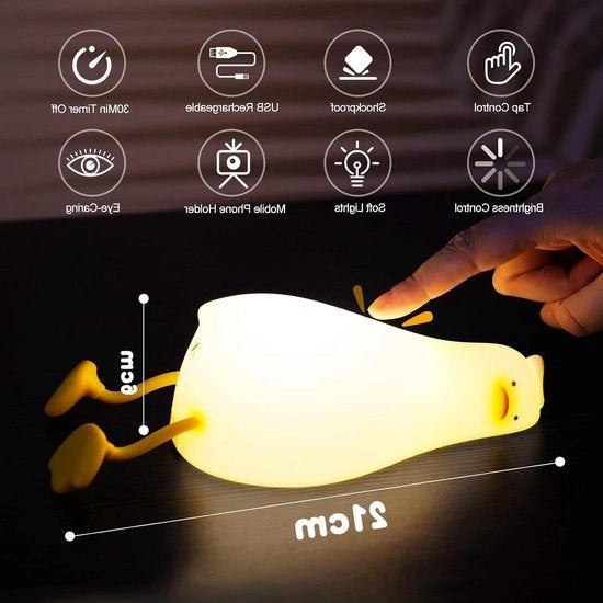 Lampada Notturna per Bambini - Disegno Anatra con Funzione di Ricarica USB e Timer - 1200 mAh Lampada Kawaii con Interruttore da Tasto e Regolazione dell'Illuminazione - Supporto per Smartphone