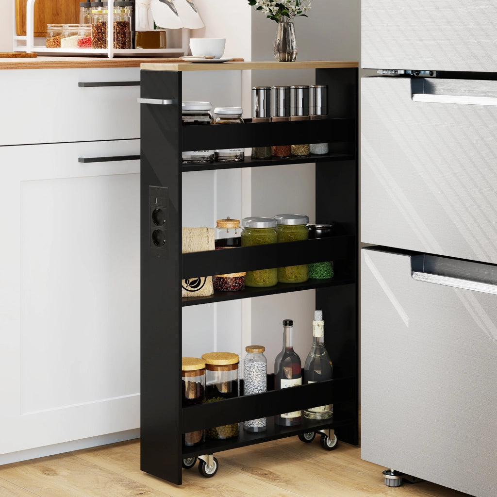 Carrello da cucina 4 ripiani con stazione di ricarica maniglia e parapetti-Scaffale stretto a sfilo con ruote bloccabili per cucina  Nero e naturale