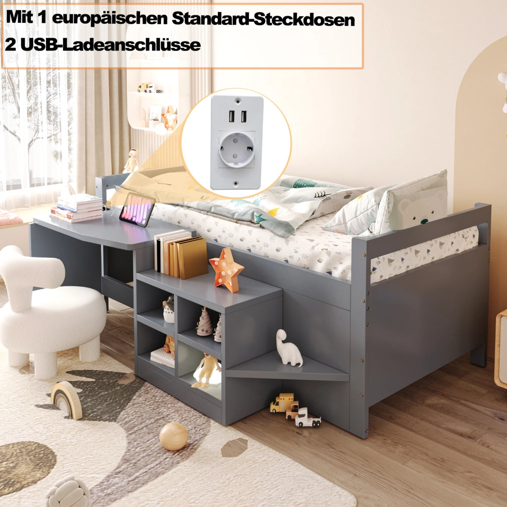 Letto combinato 90 × 200 cm con scrivania, contenitori integrati e prese USB, senza materasso, in legno, grigio