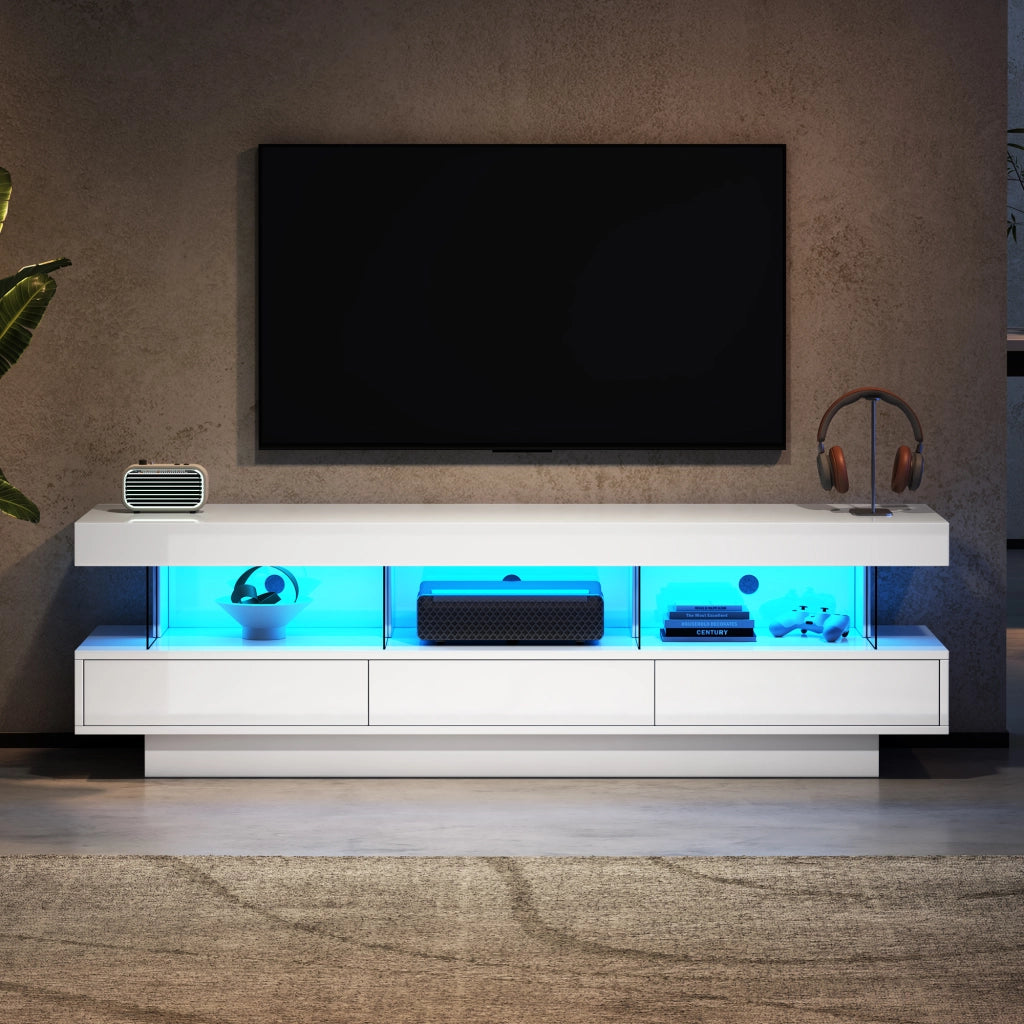 Mobile TV con 3 vani in vetro e LED Bluetooth - per soggiorno - 160x38x50.5 cm - bianco