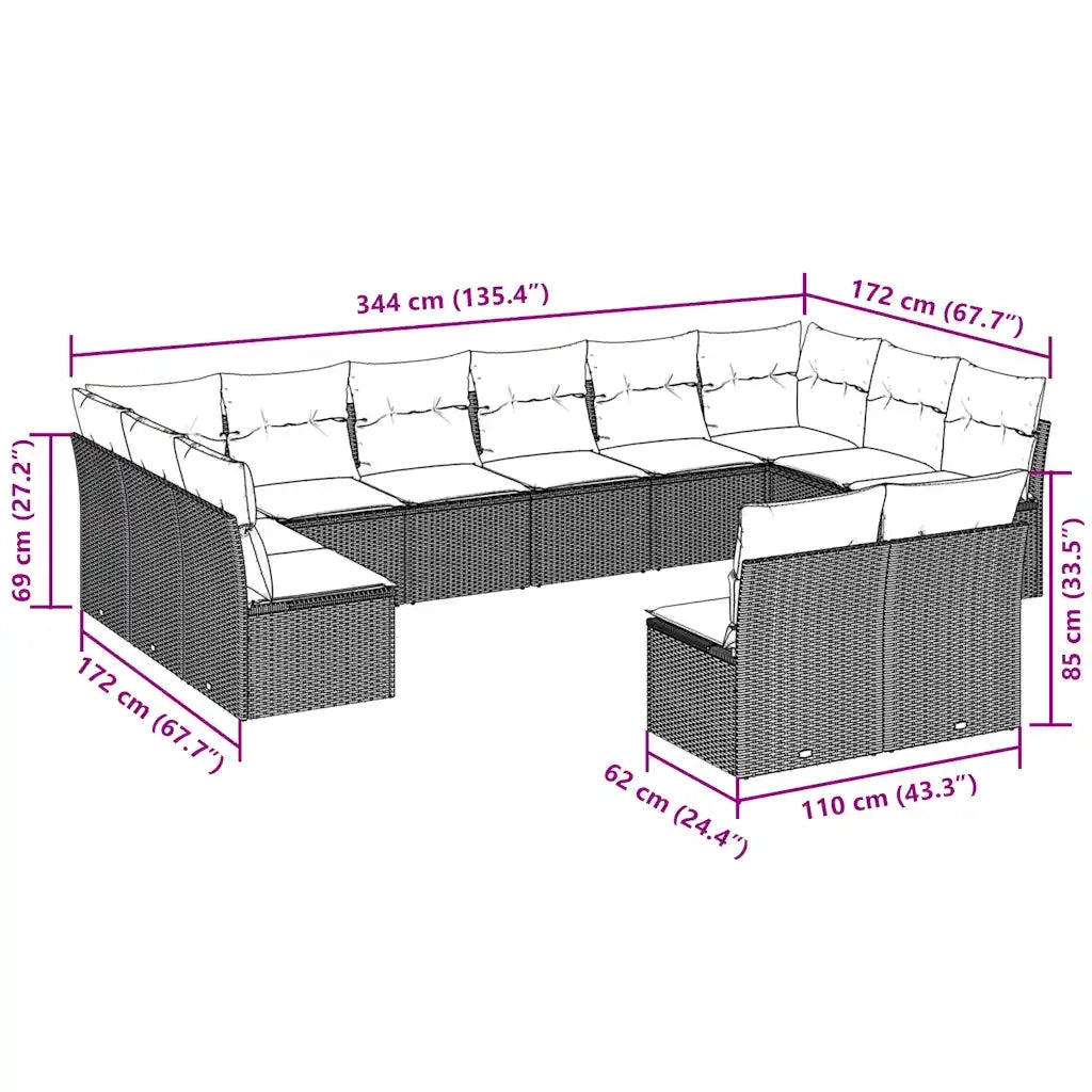 Set Divano Giardino 12 pz con Cuscini Grigio Chiaro Polyrattan 3218372