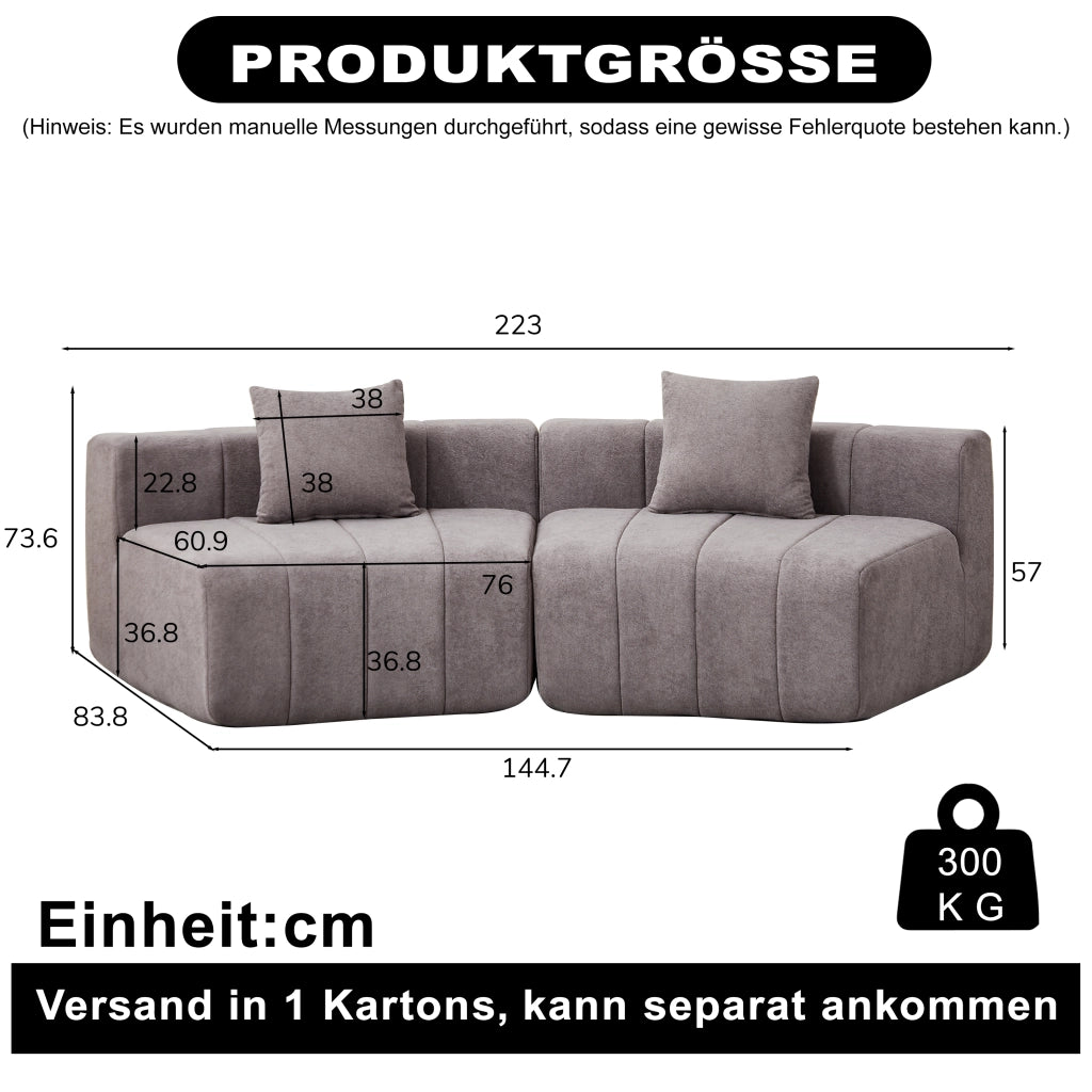 DIVANO Modulare Curvo in Chenille Grigio con 2 Cuscini