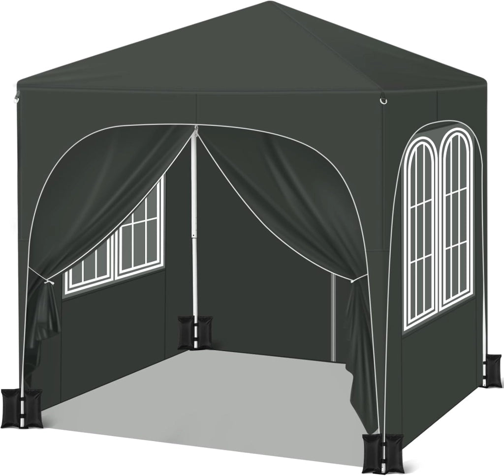 Gazebo da Giardino Richiudibile 2x2m con Pannelli Laterali,Gazebo da Esterno in Ferro Regolabile in Altezza Tendone con Soffitto Semicircolare Pieghevole,Set di 4 Sacchi di Sabbia,Grigio