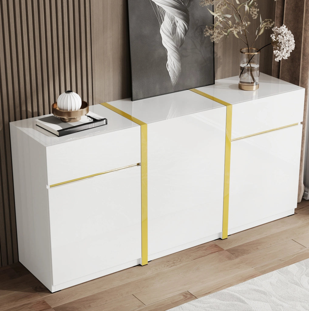 Credenza sideboard 160x40x78 cm bianca lucida con 3 ante e 2 cassetti HOMVRA