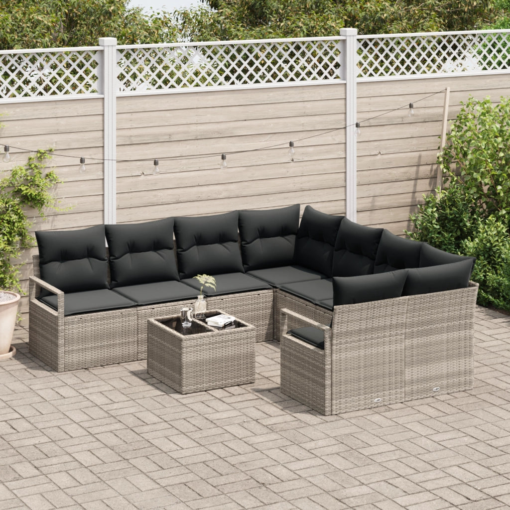 Set di divani da giardino a 9 pezzi  con cuscini Grigio chiaro Polirattan