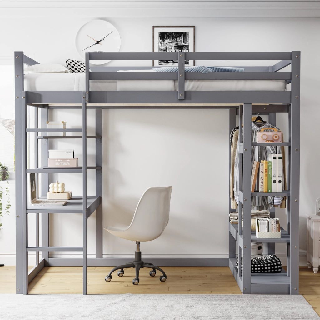 LETTO A CASTELLO con scrivania e scaffali 140x200 cm legno massello grigio