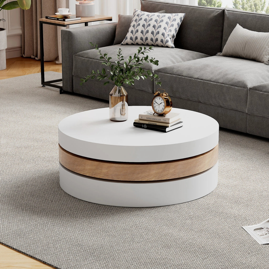 Tavolino da caffè 60 x 60 x 35;1 cm girevole 360° con vano contenitore in MDF bianco e naturale