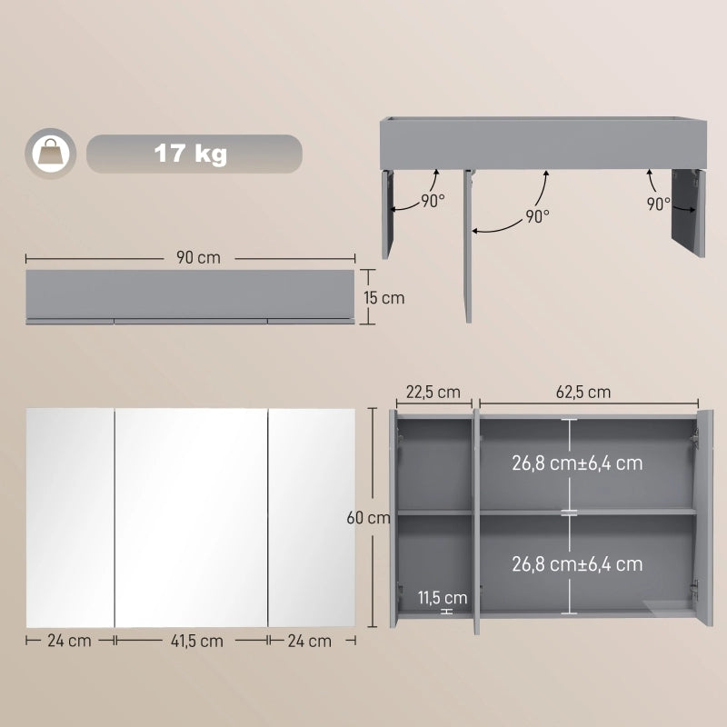 ARMADIETTO SPECCHIO BAGNO A PARETE 90x15x60 cm Grigio MDF