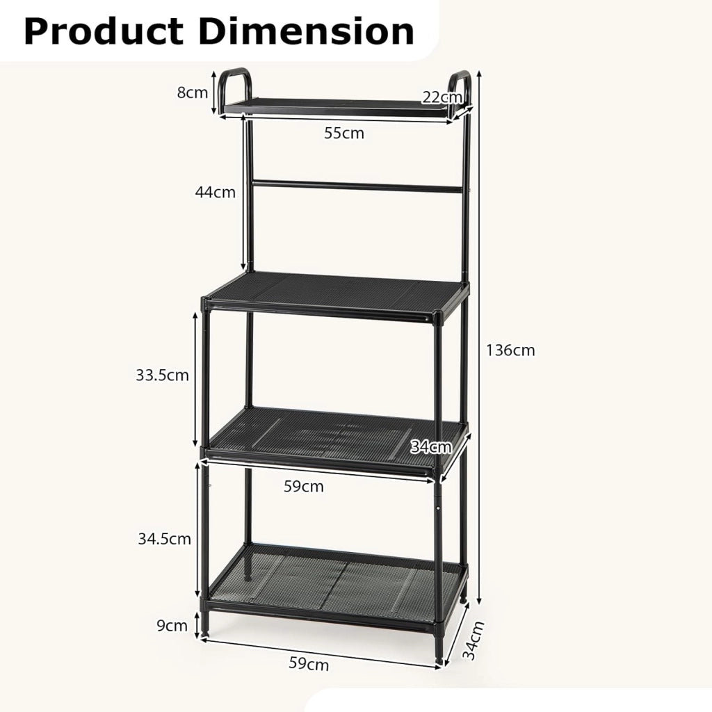 Scaffale da cucina a 4 ripiani in metallo con gambe regolabili, multifunzionale, autoportante, per cucina, 60 x 34,5 x 136 cm
