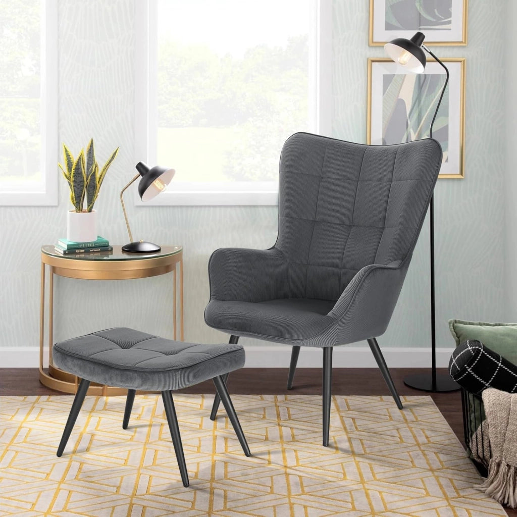 Poltrona Imbottita con Pouf Poggiapiedi Sedia Poltroncina Relax con Braccioli e Schienale Alto per Camera da Letto Salotto in Velluto, Grigio Scuro SKS28dgr