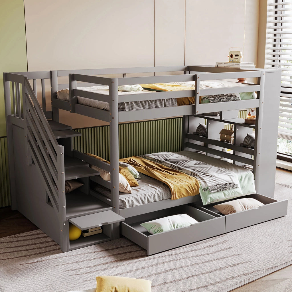 LETTO A CASTELLO 90x200 cm in Legno Grigio con Scala Contenitore e Cassetti