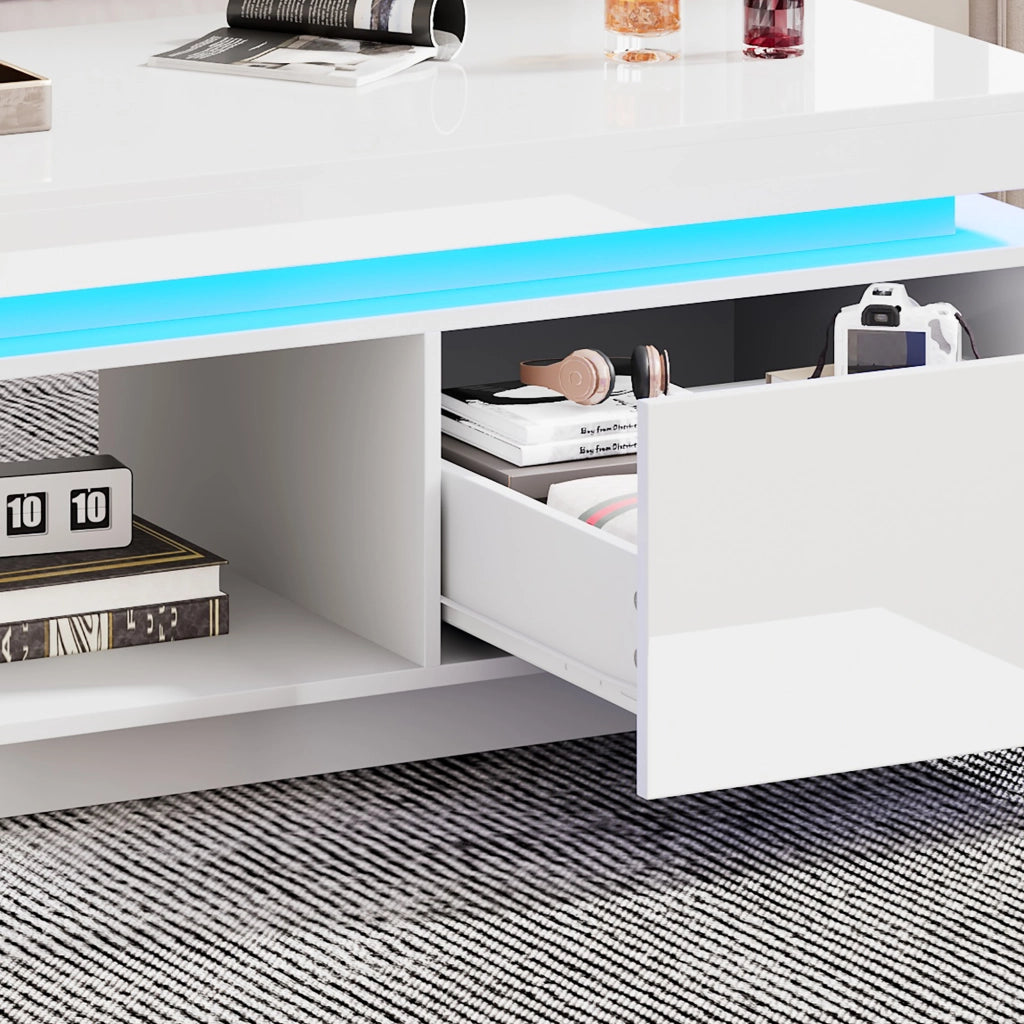 Tavolino da caffè con 1 Cassetto e LED; Finitura Laccata Lucida; in Pannelli Truciolari; 100×50×40;3 cm; Bianco
