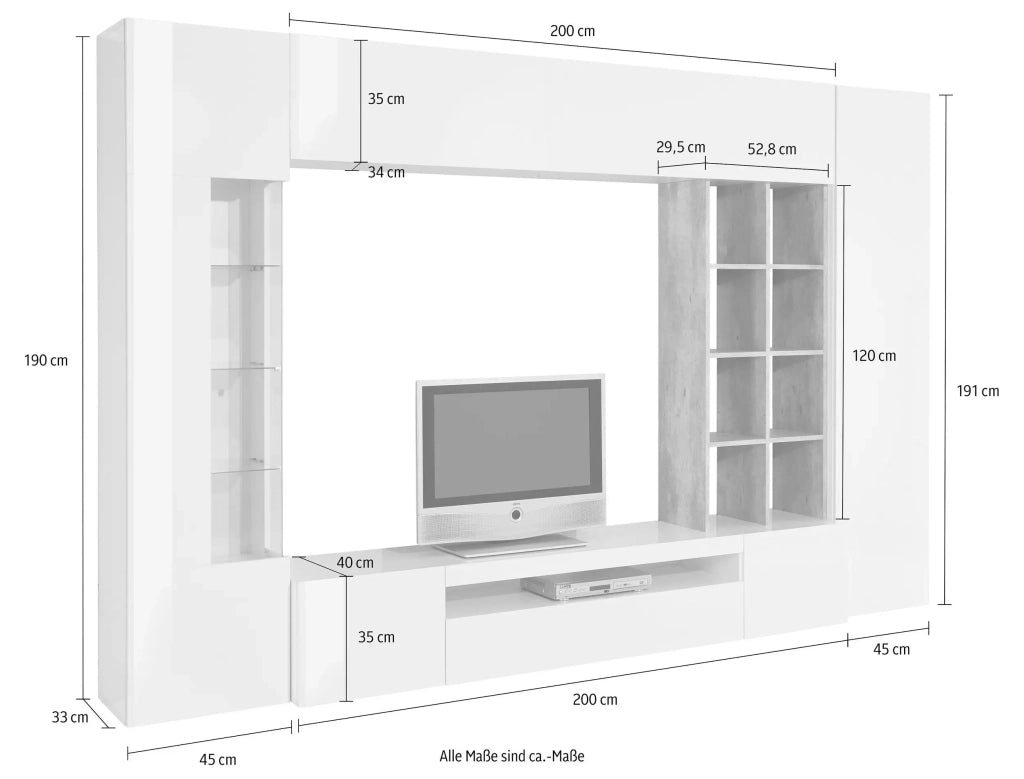 Parete attrezzata con porta TV pensile vetrina colonna bianco grigio Egypt Report