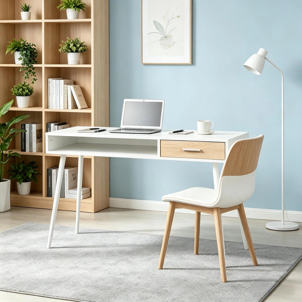 Scrivania lineare con 1 cassetto e vano aperto per ufficio e casa moderna in MDF e metallo bianco 110 × 50 × 75 cm