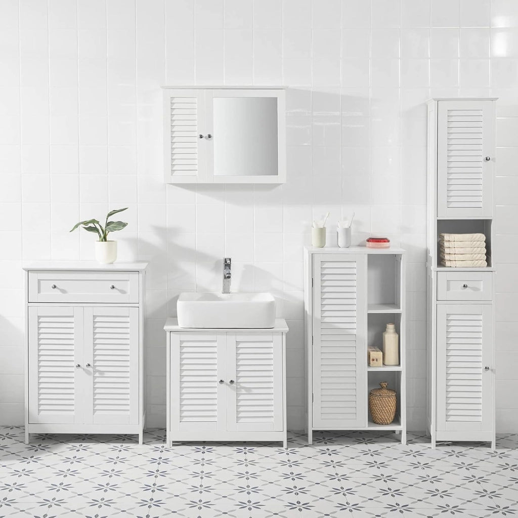 Mobiletto da Bagno – Armadio da Bagno Stretto con Porta Lamellata e 3 Ripiani Aperti, Mobile Salvaspazio, Resistente all'Umidità, Colonna per Cucina e Soggiorno, Bianco, 48x96x24cm, BZR39-W