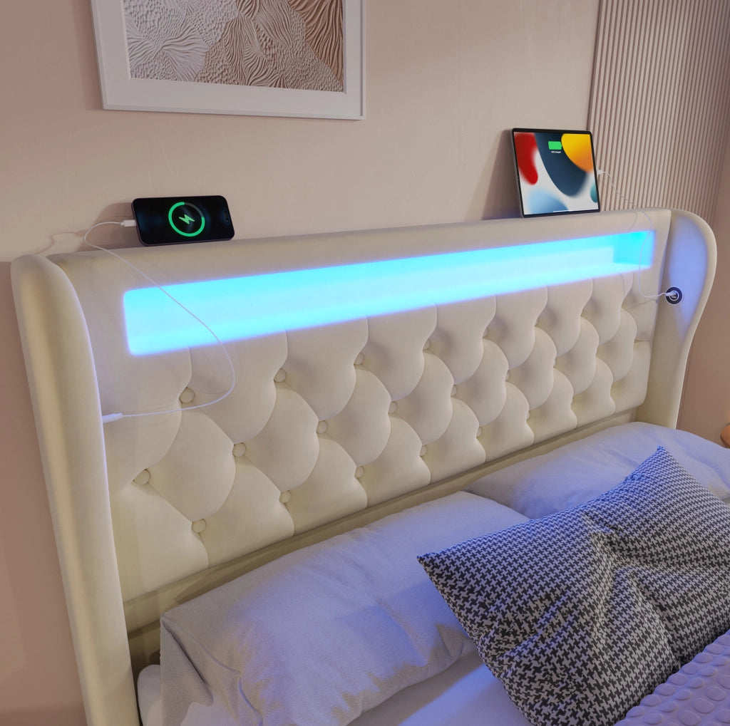 Letto matrimoniale imbottito 140x200 cm in velluto beige con LED; contenitore e USB