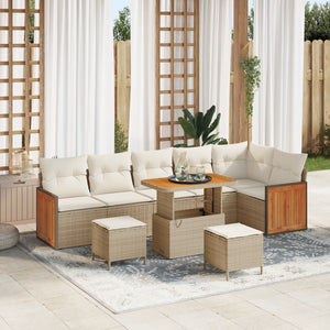 Set di divani da giardino  9 pezzi con cuscini beige in polyrattan acacia