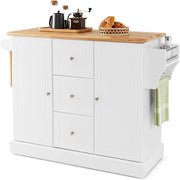Carrello da Cucina in Legno di Quercia con 2 Armadi e 3 Cassetti, Credenza con 5 Rotelle e Cerniere in Metallo, Isola da Cucina per Soggiorno e Sala da Pranzo (Bianco)