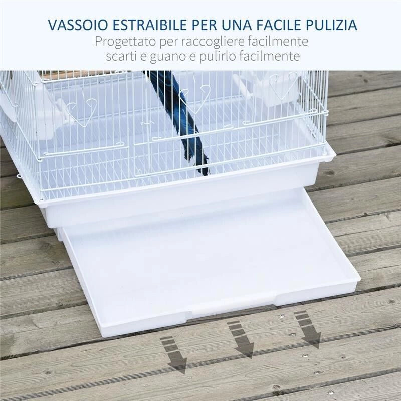 GABBIA PER UCCELLI CON TRESPOLI, ALTALENA E CIOTOLE, VOLIERA IN METALLO E PLASTICA, 46.5X35.5X92CM, BIANCO