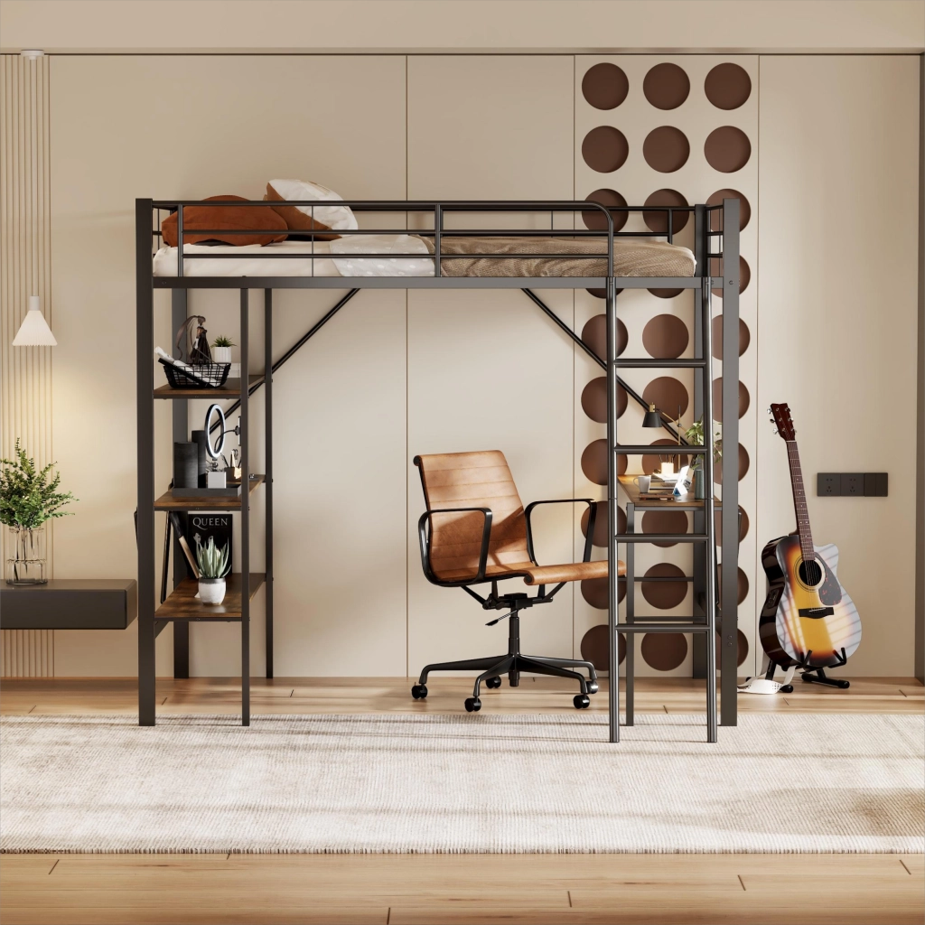 Letto a Soppalco Letto Singolo con Scrivania; 3 Ripiani e Scala 90×200 cm; senza Materasso; Metallo Nero