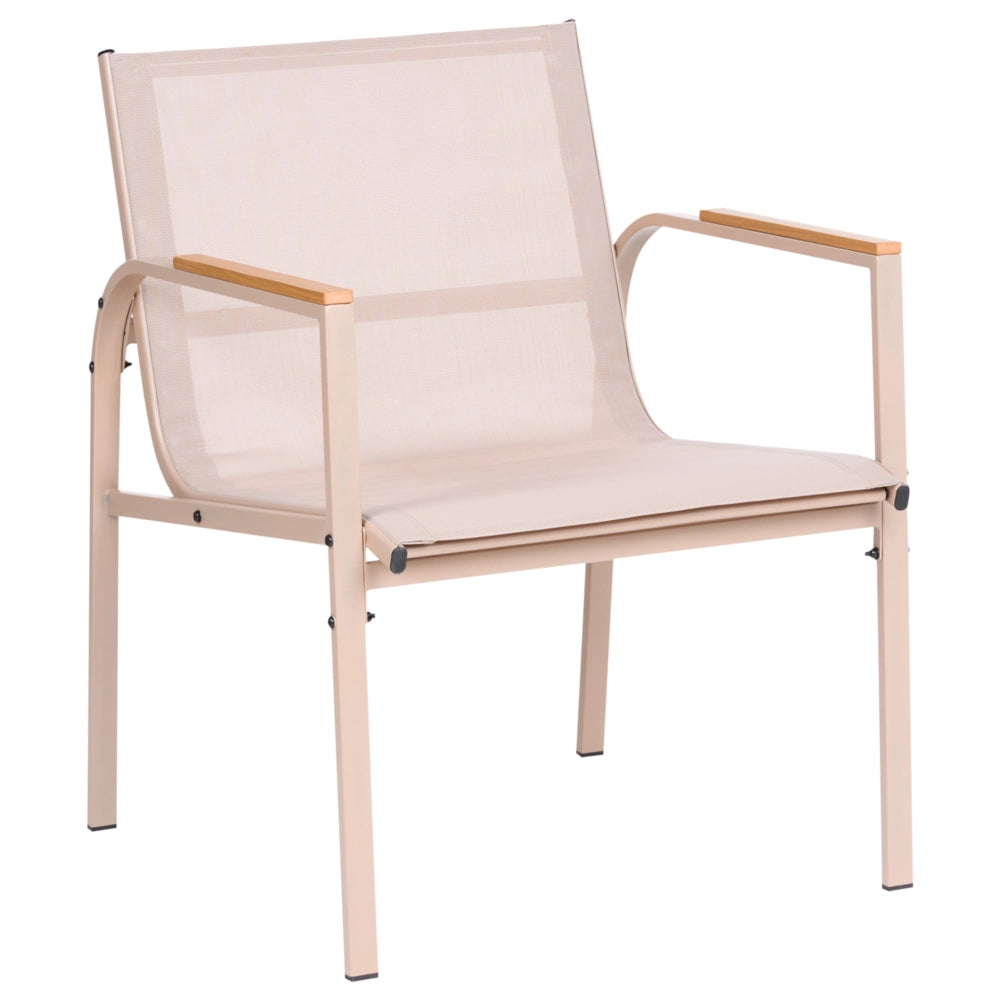 Set da giardino beige in acciaio verniciato a polvere, 4 posti con poltrone e tavolino in vetro, set da conversazione da esterno dal design moderno