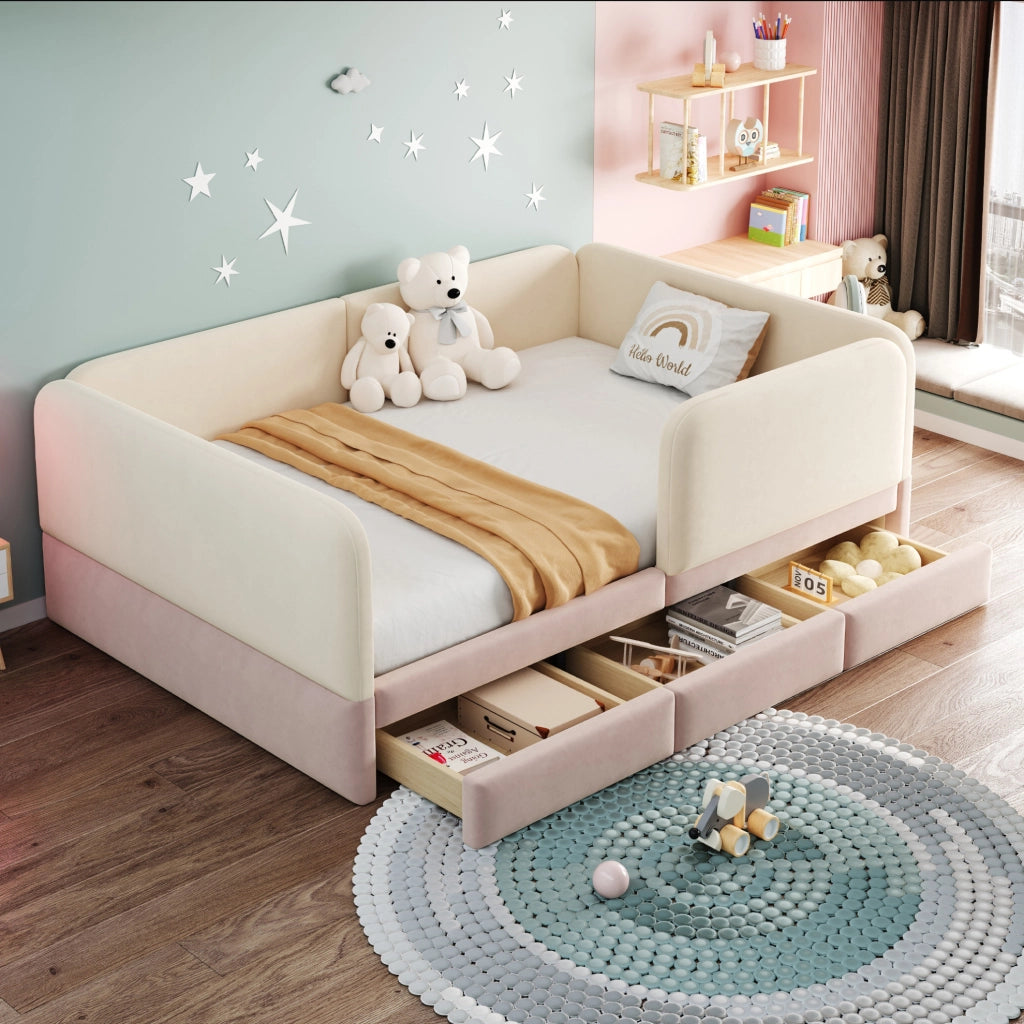 Letto imbottito per bambini 140x200 cm con protezione perimetrale e 3 cassetti