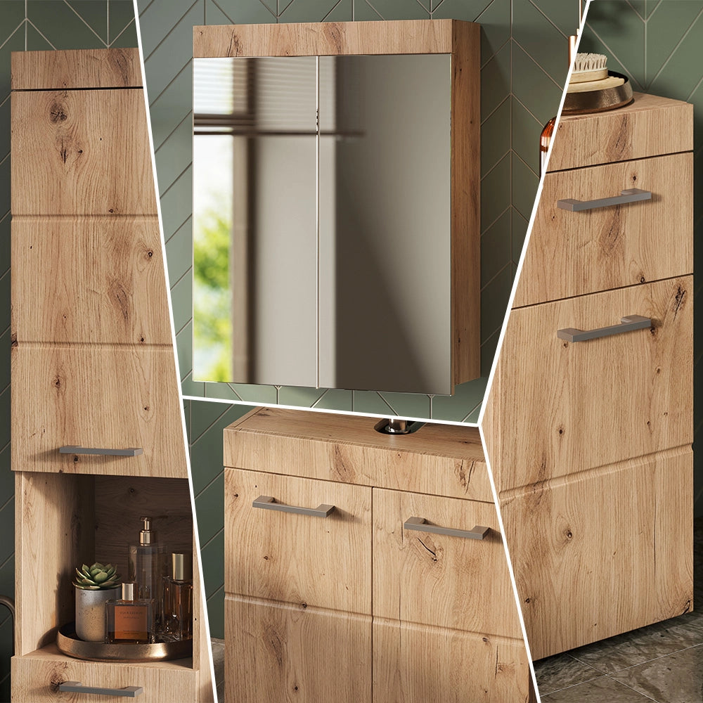 Set mobili bagno Luna Quercia Wotan 3 parti, con armadio alto Vicco
