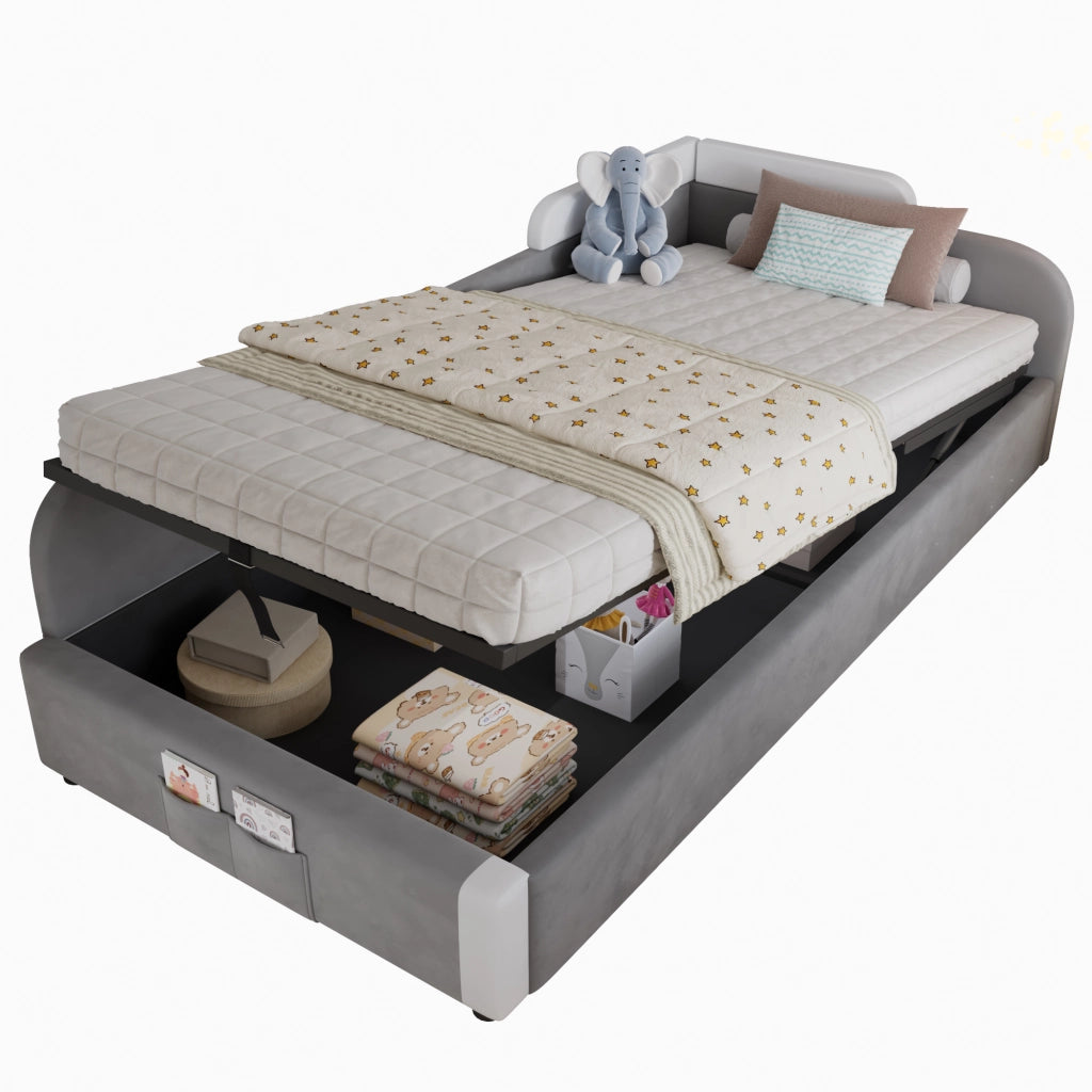 Letto Contenitore per Bambini 90 x 200 cm; Letto Singolo - Sponda Imbottita e Tasca