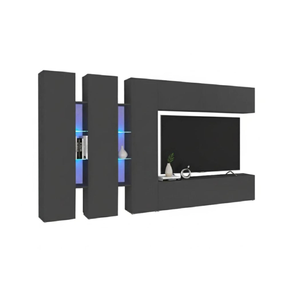 Parete attrezzata Carretto, Set salotto porta TV a 5 ante, Mobile soggiorno multiuso, 100% Made in Italy, cm 340x30h180, Antracite