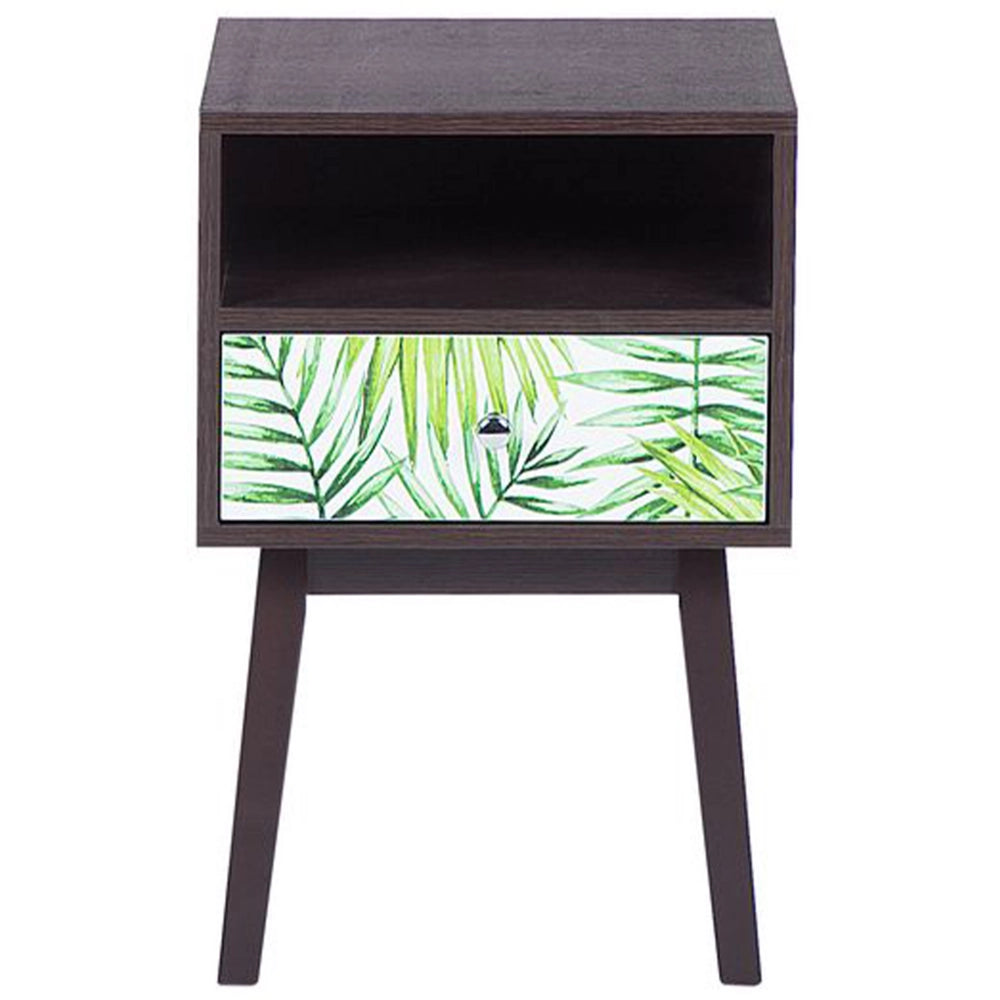 Comodino in Legno Scuro con Motivo Floreale 1 Cassetto Realizzato in Legno Design Moderno