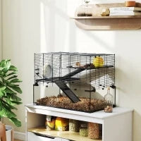 Gabbia per Criceti a 3 Livelli con Base in Vetro Temperato, Ruota e Accessori, 76.5x48.5x54.5 cm, Nero