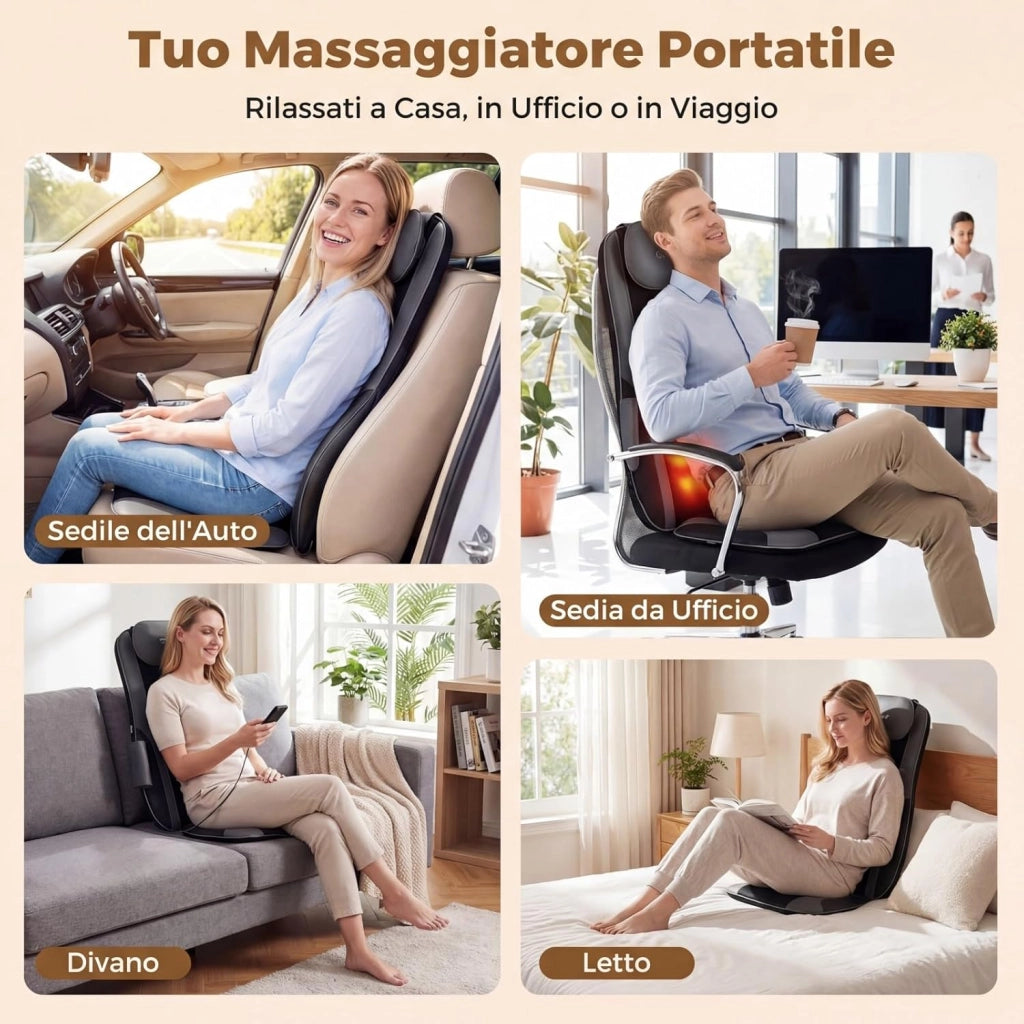 Sedile Massaggiatore per Schiena con Calore, Cuscino Massaggiante Shiatsu per Poltrona con 4 Nodi Impastanti a Rotazione e 2 Motori Vibranti, Massaggiatore 3D per Collo e Schiena