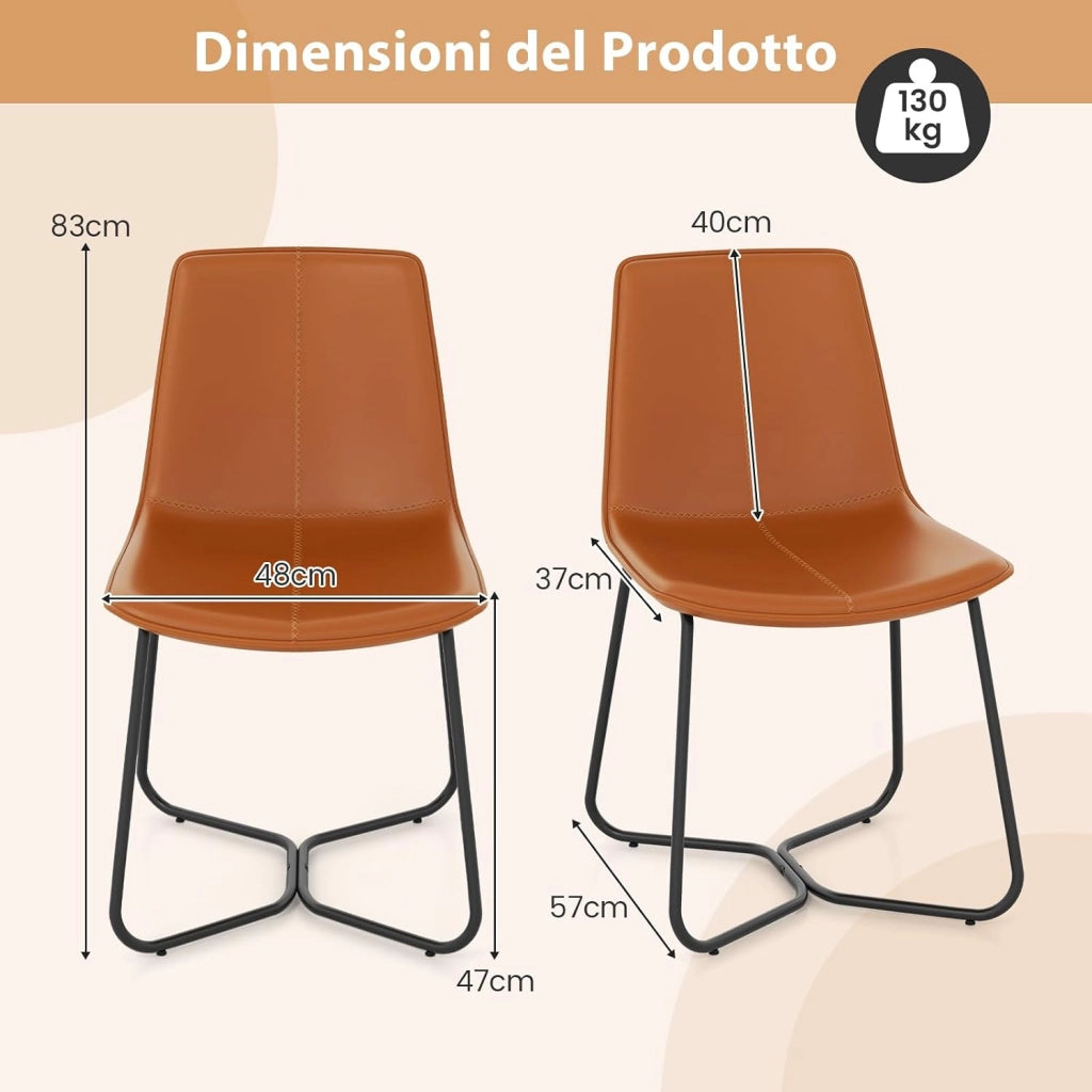 Set di 2 Sedie per Sala Pranzo con Schienale e Seduta Imbottita in Ecopelle, Sedia per Cucina con Gambe in Metallo, Sedia Vintage Comfortevole per Soggiorno, Capacità di 130 kg, Marrone