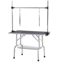 Tavolo da Toelettatura per Animali Domestici con Cesto Inferiore, Altezza Regolabile, Pieghevole, in Acciaio Inossidabile e Metallo, 107 x 60 x 170 cm, Nero